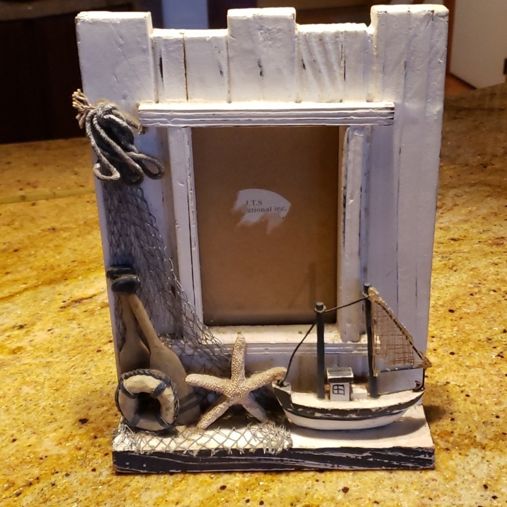 Beach boat nautical themed picture frame, wood, 4" x 6" picture